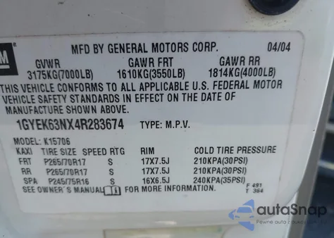 2004 Cadillac Escalade Standard z USA, uszkodzony, nr VIN 1GYEK63NX4R283674